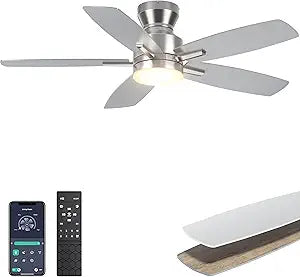 Ohniyou Ceiling Fans with Lights, 42'' Low Profile Ceiling Fan with Light and Remote/APP Control, Modern Flush Mount Ceiling Fan for Indoor Bedroom Kitchen, Dimmable, Quiet DC Motor, Silver