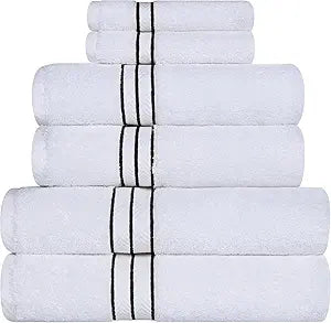 Superior Hotel Turkish Cotton 6 Piece Towel Set, Ultra Plush Spa Quality Heavyweight Essentials for Bathroom, Thick Absorbent and Soft, Dobby Border, Includes 2 Bath 2 Hand 2 Washcloths, Black