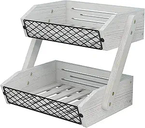Dorhors Fruit Basket for Kitchen, 2 Tier Fruit Bowl,Kitchen Counter Organizer,Wooden Vegetable Holder for Countertop,Bread Storage Basket Stand (Rustic White)