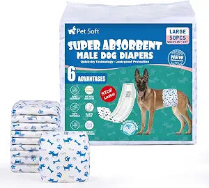 Pet Soft Male Dog Diapers - Disposable Male Dog Wraps Wetness Indicator, Puppy Diapers Male for Excitable Urination or Incontinence, 50pcs Large