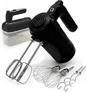 WILLOW Eco Series Electric Hand Mixer, 5 Speed Ultra Powerful Handheld Mixer with Stainless Steel Whisks, Beaters & Dough Hooks + Eject Button, 350W Kitchen Mixer with Snap-On Storage Case - BLACK