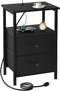 LOAKEKEL Night Stand, Nightstand with Charging Station, Slim Industrial Bedside Table with 2 Fabric Drawers, Small End Table with USB & Type-C Ports for Bedroom, Black, HETS020BK-1