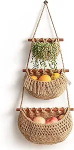 Hanging Fruit Basket ,3 Tier Over the Door Organizer, Handmade Woven Jute Wall Hanging Baskets for Organizing, BOHO Wall Basket Decor, Storage baskets for kitchen , Living & Bathroom Bedroom