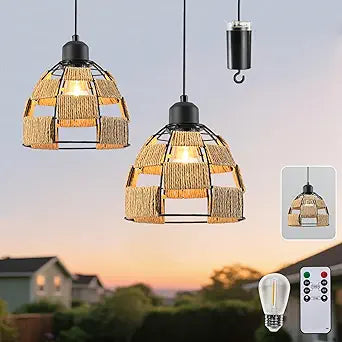 Battery Operated Chandelier with Remote & Timer, 7" Rattan Hanging Pendant Light, 4*AA Powered Cordless Outdoor Indoor Light, Dimmable Outdoor Chandeliers for Gazebo Porch Patio Bedroom Decor2P