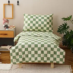 CLOTHKNOW Green Plaid Toddler Bedding Sets 4Pieces Comforter Sets Grid Checkerboard Pattern Kids Comforter Soft Crib Bed Set