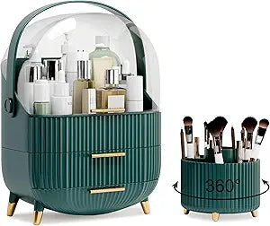 lurcns Makeup Organizers and Storage Make up Organizer for Vanity Cosmetics Skincare With Lid and Drawers Display Cases for Countertop Bathroom Women Teenager Girl Gifts(Dark Green+Brush Holder)