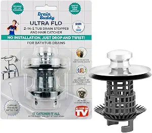 Drain Buddy Ultra Flo No Installation 2 in 1 Clog Preventing Tub Drain Stopper and Hair Catcher for 1 3/8" to 1.5" Bathtubs and Utility Sinks Chrome Metal Cap