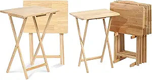 PJ Wood Solid Wood Construction Rectangle Folding Portable TV Snack Serving Tray Table with Compact Storage Rack, Natural (Set of 7)