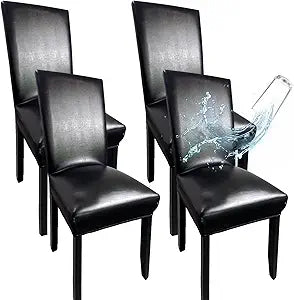 Leather Chair Covers for Dining Chairs Set of 4, Super Stretch Waterproof Kitchen Chair Covers Thickened Washable Dining Chair Slipcovers Black Chair Seat Covers for Dining/Kitchen/Banquet
