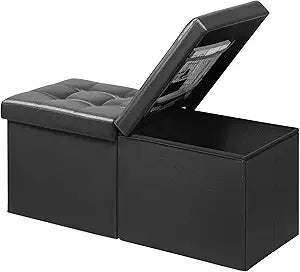 AmasSmile Footrest Ottoman Bench with Storage,34Inch Black Leather Footstool, Coffee Table, Padded Seat, Storage Chest,Blanket Store with Flipping Lid for Livingroom and Bedroom