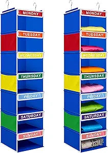 Amylove 2 Pcs 7 Shelf Weekly Clothes Organizer for Kids Hanging Closet Organizer 11. 8 x 11. 8 x 50 Inches Daily Activity Kids Clothes Storage Drawers Cube Drawers Closet Hanging Shelves(Blue)