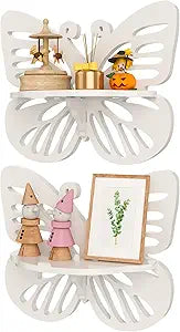 White Butterfly Shelves 2 Tier - Nursery Wall Deor Floating Shelf, Cute Wall Display Rack for Kids Room, Small Decorative Shelf Wall Mounted, Hanging Wall Shelf for Toys, Plants Storage.