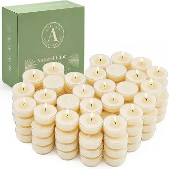 Ashlux Palm Tea Lights 100 Pack 4H Unscented Candles Clear Cup Raised Base
