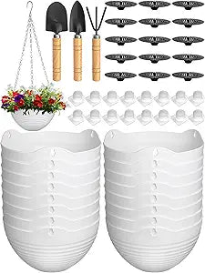 Eccliy 8.3 Inch Hanging Planters, 16 Pack Plastic Hanging Pots for Plant White Flower Pots Baskets Chains Drainage Plugs Water Barrier with Small Garden Tools Set for Outdoor Indoor Home Garden