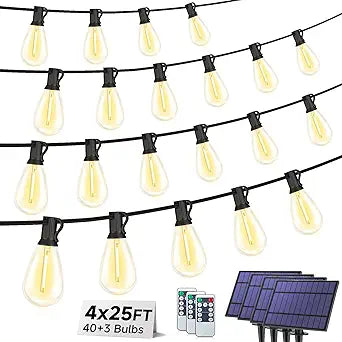 100FT(4x25FT) Solar String Lights with Remote, 3 Lighting Mode Outdoor Waterproof Dimmable Patio Lights String with 10+1 Shatterproof S11 LED Bulbs for Backyard-Black