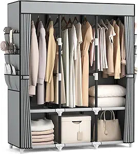 VTRIN Portable Closet Wardrobe for Hanging Clothes Closet with Cover, 3 Hanging rods, 6 Storage Shelves and Side Pocket, Diameter 19mm Metal Pipe, Sturdy Free Standing Closet for Bedroom