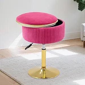 Adjustable Vanity Stool with Storage, 360 Swivel Makeup Stool Chair Small Velvet Round Ottoman with Gold Base for Bedroom (Hot Pink)