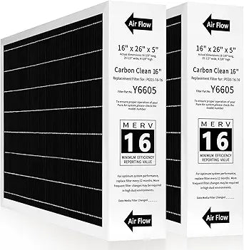 Y6605 16x26x5 MERV16 Replacement Filter Compatible with PureAir PCO3-16-16 Air Purification System, Carbon Pleated HVAC Filter, Actual Size 16-3/8 x 25-1/2 x 4-3/8, #100908-11, 2 Pack