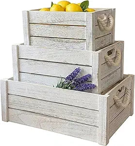 Set of 3 Rustic Nested Wooden Crates with Rope Handles - Decorative Farmhouse Storage Boxes for Kitchen, Living Room & Bathroom - Modern Wood Grain Home Organization