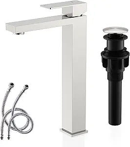 KENES Brushed Nickel Vessel Sink Facuet Single Handle Tall Bathroom Sink Faucet Vanity Bathroom Faucet Basin Mixer Tap with Water Supply Hose and Pop Up Sink Drain, LJ-9031A