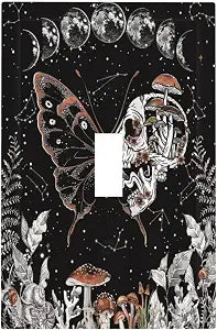 Halloween Moth Skull Skeleton Mushroom Butterfly 1 Gang Wallplate Decorative Outlet Light Switch Plate Covers Night Plant Botanical Single Toggle Electrical Faceplate Cover Home House Decor