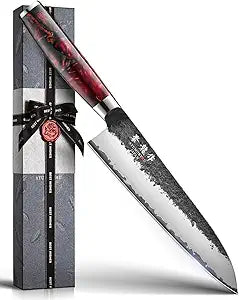Japanese Chef Knife, 8 Inch Hand Forged Kitchen Knives with VG10 Core, Father Day Gift for Dad Husband, Professional Gyuto Knife for Home & Restaurant, Sanmai Chefs Knives with Ergonomic Red Handle