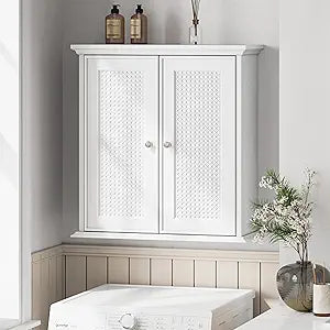 Rattan Weave Bathroom Cabinet Over Toilet, 2-Door Wall Mounted Medicine Cabinet with Adjustable Shelves, Modern Farmhouse Storage for Bathroom, Bedroom, Living Room