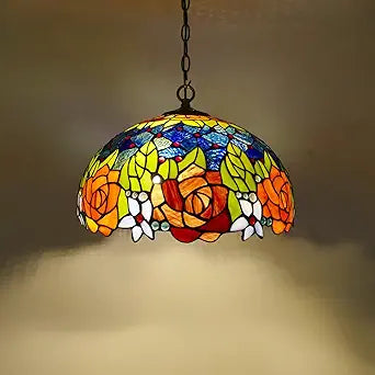 Rose Garden Tiffany Pendant Light, 15.7" Wide Handmade Stained Glass Chandelier with Adjustable Chain, 2-Light Victorian Style Hanging Lamp for Dining Room Kitchen Island Hallway