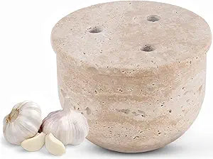Radicaln Marble Garlic Keeper With Lid 4.5 Inch Travertine Handmade Garlic Storage and Garlics Container For Kitchen, Keep Fresh Garlic Cloves, Ideal Garlic Keeper for Counter