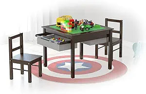 UTEX Wooden 2 in 1 Kids Construction Play Table and 2 Chairs Set with Storage Drawers, and Built in Plate Compatible with Lego and Duplo Bricks (Espresso with Grey Drawer)