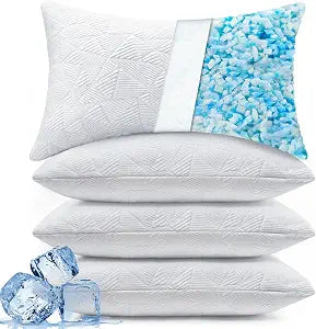 BETU Cooling Pillows Standard Size Set of 4, Shredded Memory Foam Bed Pillows, Adjustable Firm Support Cool Pillow for Neck Pain and Side Sleeping, White