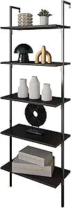 happimess MSH1001A Madera 72.05" Classic Industrial 5-Shelf Wood Wall-Mounted Open Ladder Bookcase with Metal Frame, Black