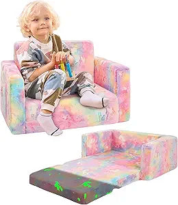 Toddler Couch,Toddler Chair,Kids Sofa Chair 2-in-1 Baby Seat Furniture Fold Out, Convertible Sofa to Lounger Soft Comfy Glow in The Dark Kids Sofa Bed Gifts for Kids Girl Boys,Unicorn