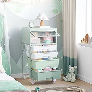 SYKIARIOL 4 Drawers Rolling Storage Drawer Craft Organizers Bookshelf Cart with Dust-Proof Door for Kids Playroom,Bedroom,Home Office, Green