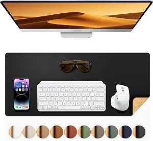 Aothia Dual-Sided Desk Pad - 25.6x13.7 inches Leather Desk Mat, Natural Cork Desk Pad Protector, Large Mouse Pad for Desk, Waterproof Desk Blotter Pad, Desk Writing Pad for Office Work/Home, Black