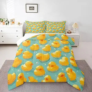 Erosebridal Yellow Rubber Duck Full Comforter Set for Kids Girls Boys,Cute Animal Print Duck Bedding Set Kawaii Room Decor,Cartoon Ducks Comforter Set Gifts for Pet Lovers Quilt Bed Set 3Pcs