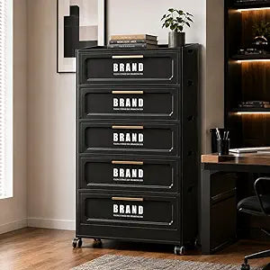 Foldable Storage Cabinet with Doors and Lockable Wheels, 5-Tier Large Capacity ABS Organizer, No-Tool Assembly Storage Cabinet for Small Apartment, Kitchen, Pantry, Laundry, Garage