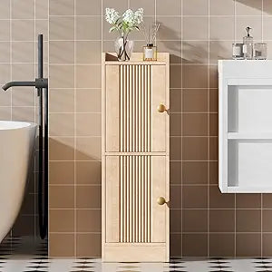 HOOBRO Slim Bathroom Cabinet for Small Spaces, Narrow Toilet Paper Cabinet with Doors, 9.8W Space Saving Floor Cabinet with Adjustable Shelves, Farmhouse Wooden Organizer, Natural