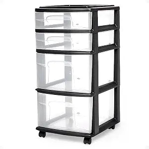 HOMZ Drawer Tower, 4-Tier Storage Cart with Removable Wheels, Black Frame