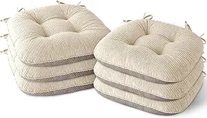 Indoor Dining Chair Cushions Set of 6 Kitchen Chair Pads with Ties Tufted Seat Cushion with Anti-Slip Backing 17"X16"X3" Cream