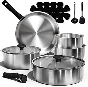 CAROTE Pots and Pans Set, Stainless Steel Cookware Set Detachable Handle, 15pcs Induction Kitchen Cookware Sets with Removable Handle, RV Cookware Set, Oven Safe, Mothers Day Gifts