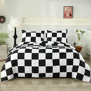 Black White Plaid Comforter Set, 3 Pieces Fluffy Gingham Checkered Down Alternative Comforter Queen (90"x90"), Lightweight Microfiber Geometric Bedding with 2 Pillowcases for All Seasons