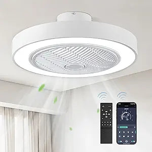 LEDIARY 22in Enclosed Ceiling Fan with Light and Remote, White Modern Bladeless Ceiling Fan with Bright Light, Led Flush Mount Ceiling Fans for Bedroom, Living Room, Kid Room(6 Speeds, 3000-6000K)
