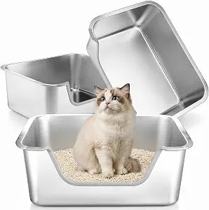 3 Pack Stainless Steel Cat Litter Box with Low Entry Large Senior Cat Metal Litter Box with High Sides Injured Cats Easy to Clean Non Stick for Kittens Older Cats (15.8 x 11.8 x 5.9 Inch)