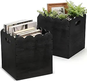 LemonRoad 2 Pcs 11 Inch Wooden Storage Bins with Scalloped Edge Stackable Wooden Storage Cubes Black Decorative Wood Crates for Book Shelves Vinyl Records, Pantry Closet Toys, Easy Assembly
