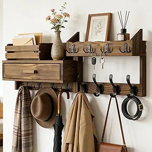 29" Coat Rack Wall Mount with Shelf & Drawer, Heavy Duty Wood Entryway Organizer, Wall Coat Hanger with 12 Metal Hooks, Wall Mounted Coat Rack Key & Mail Holder for Living Room, Bedroom