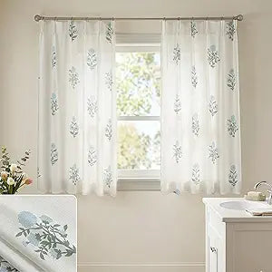 Lino Rosa Short Floral Curtains for Bathroom Window, 45 Inch Length Blue Green Block Print Patterned Pinched Pleated Linen Privacy Semi Sheer Drapes for Bedroom