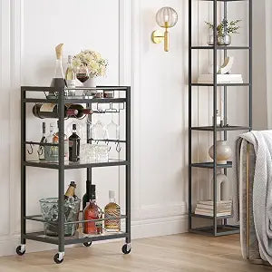 TUTOTAK Bar Cart with 3 Mirrored Shelves, Wine Rack & Glass Holder