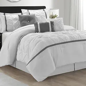 LANCO MODERN LIFESTYLE White Grey Comforter Set, Queen, 7 Piece Bed in a Bag, Microfiber Handcrafted Pintucking, All Season Bedding Set with Comforter, Bedskirt, Pillow Shams and Decro Pillows
