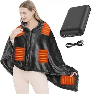 Cordless Heated Blanket Wearable Heated Blanket Shawl, Portable Heated Blanket, 3 Gears 7 Heating Zones Cordless Zip Heated Throw Blanket for Women, Outdoorwith Power Bank 7.4V